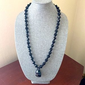 Vintage 80s Artisan Long Black Glass Emulet Necklace